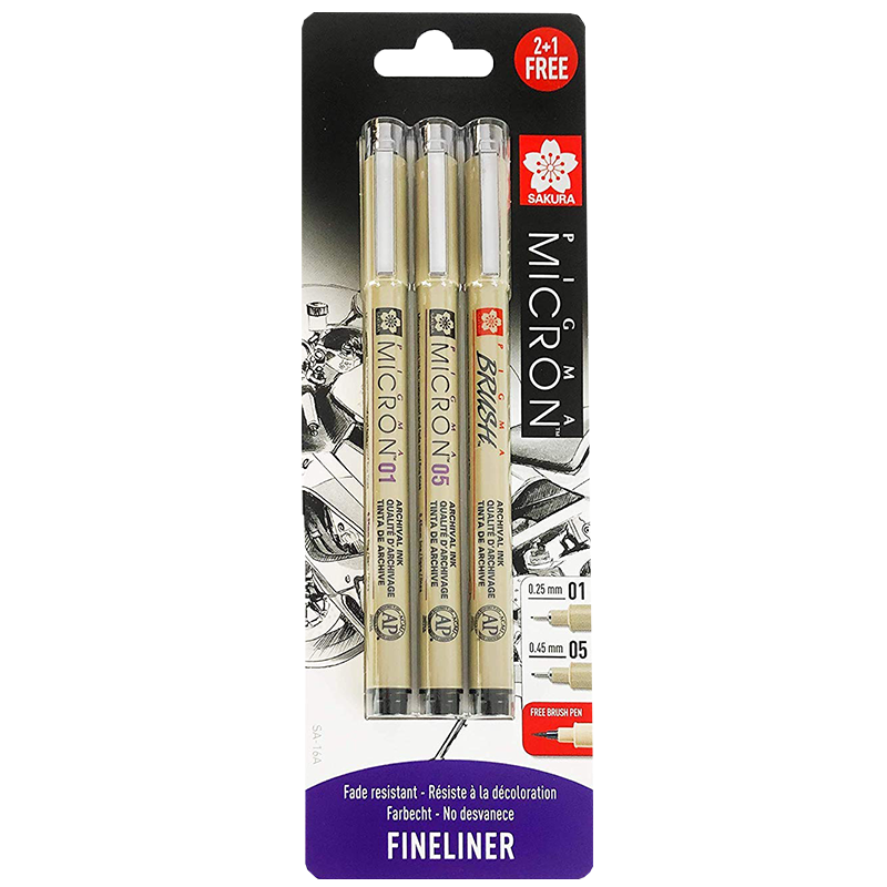 Set Sakura Micron 01/05 Black blister Pigma Brush gratis